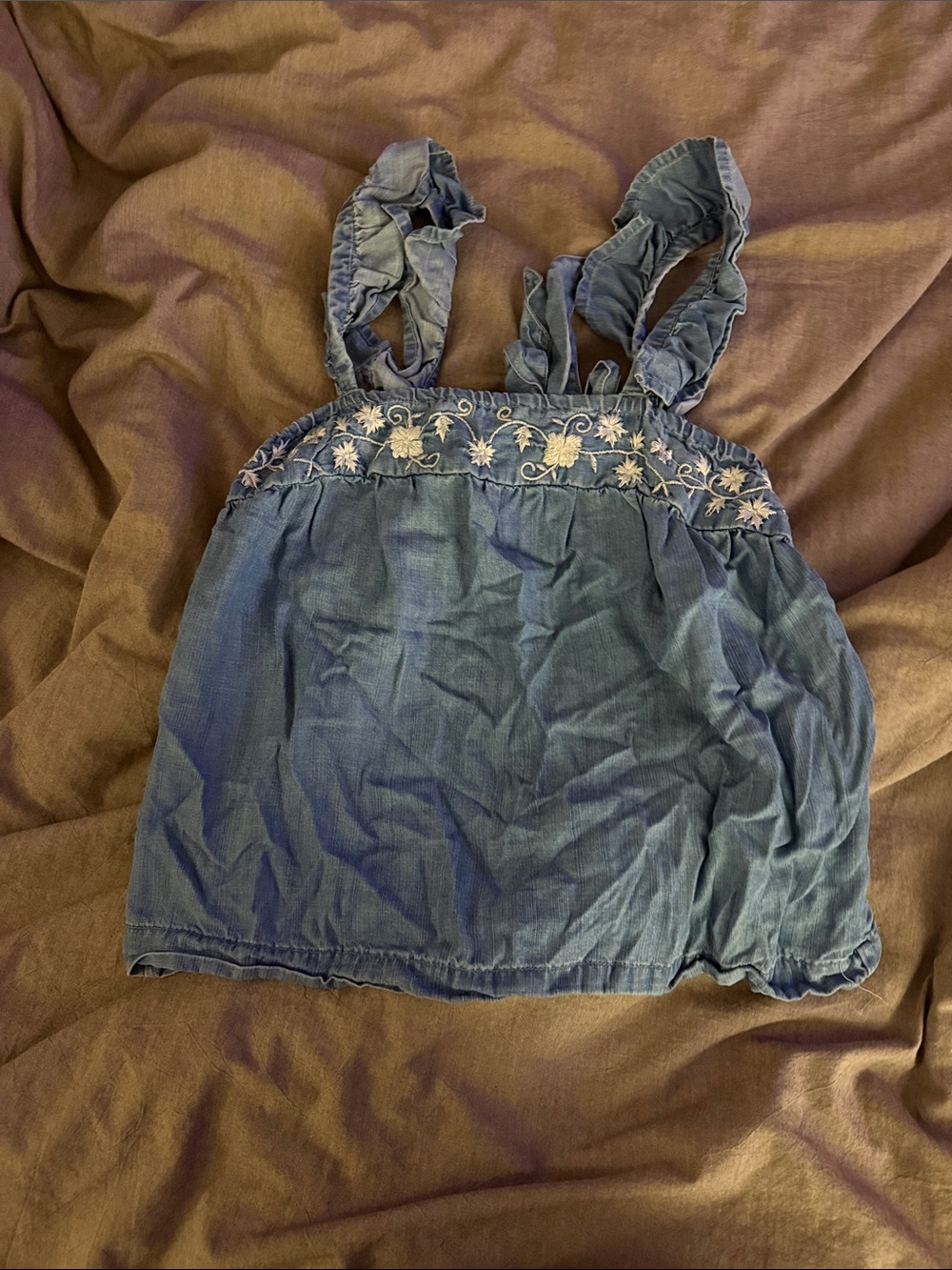 Harper Denim Blue Floral Embroidered Ruffle-Strap Tank